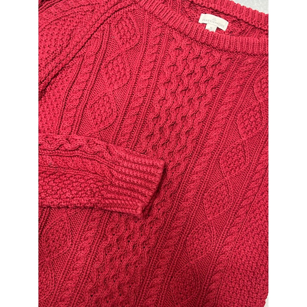 LL Bean Signature Red chunky Cable Knit Cotton Sweater Side Zip Womens‎ Medium